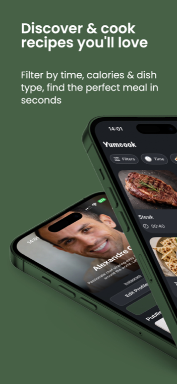 Yumcook app showing recipe discovery and a chef profile screen