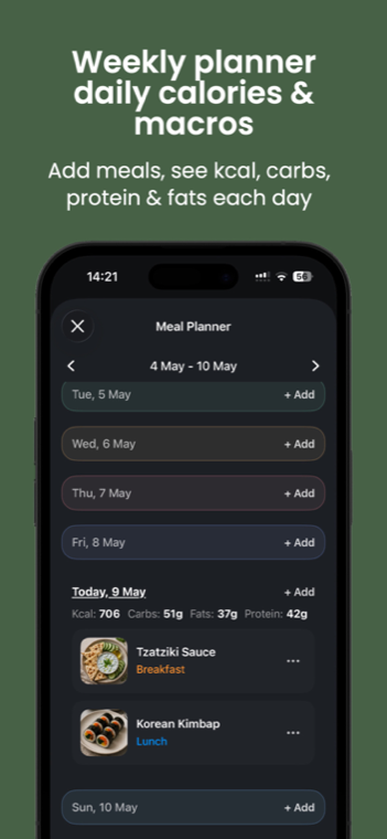 Weekly meal planner screen with daily calories and macros