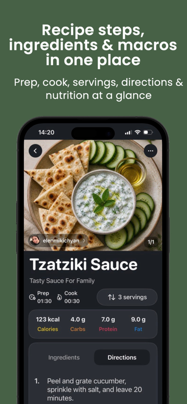 Recipe detail screen with prep time, cook time, servings and macros