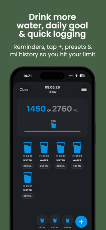 Water tracking screen with daily goal and quick logging in Yumcook
